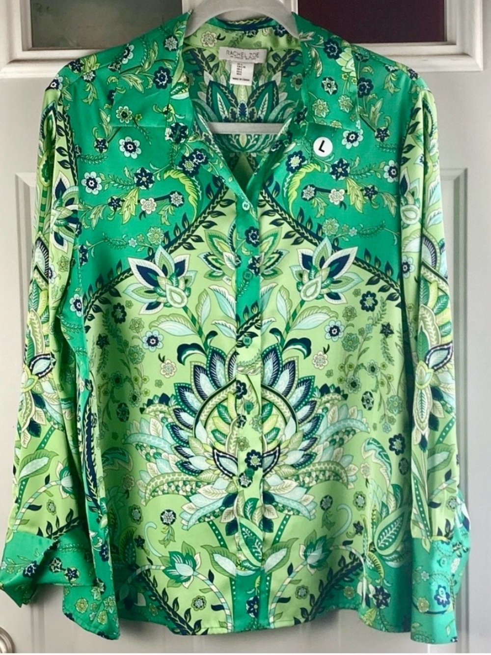 Rachel Zoe Vibrant Green Floral Blouse Satin Office Business Casual